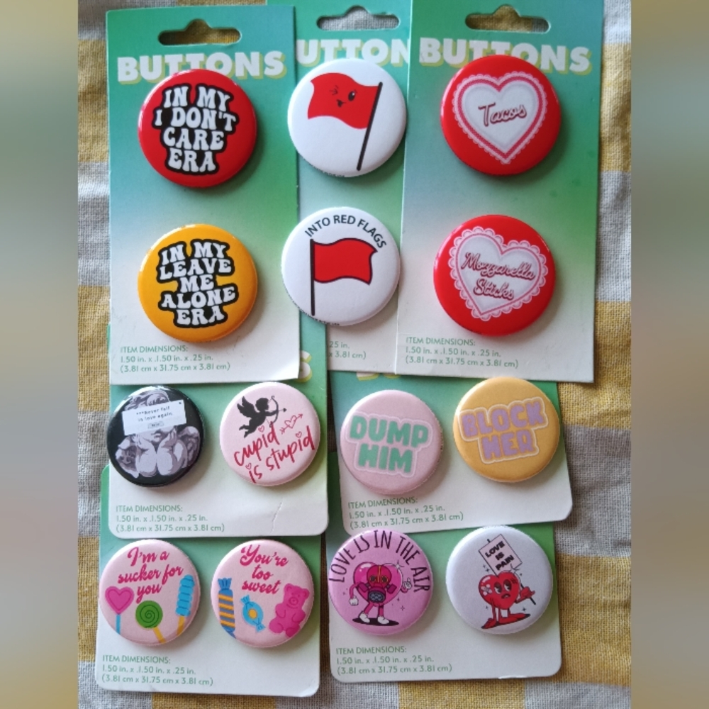Set of 14 Fun Statement Pinback Buttons - Red, Pink, Yellow, White, Black, Green